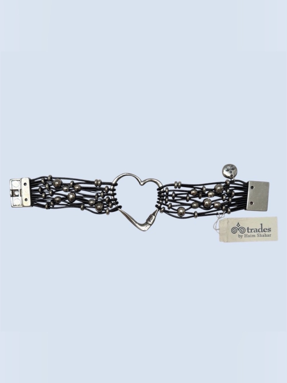 Trades by Haim Shahar Handmade Silver Heart Strappy Spanish Leather Bracelet - Picture 2 of 5